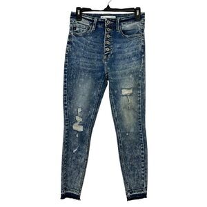 KanCan Jr Women’s Blue Jeans Sz 7/27 Button Fly Raw Hems Distressed/Ripped/Torn
